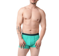 Young man in stylish turquoise underwear on white background, closeup