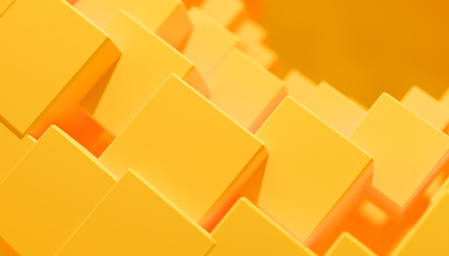 Abstract 3D render of orange cubes and squares creating a geometric pattern