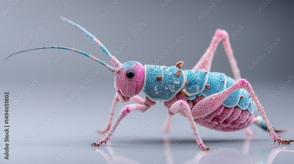 Poster a vibrant, macro view of a colorful grasshopper showcasing intricate details.