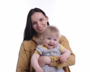 Mother and her cute baby on white background