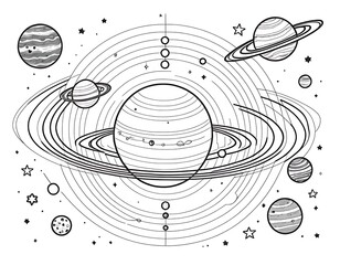 Solar System Planets for Kids, Space-Themed Coloring Page with Simple Line Art, White Background