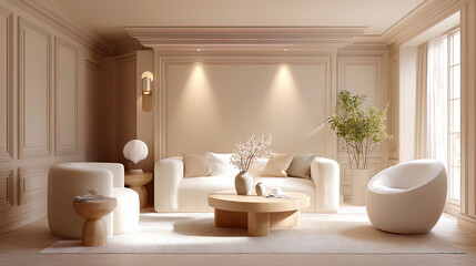 A modern living room with beige hues