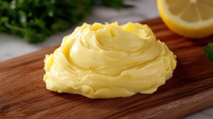 Smooth, swirled yellow spread on wooden board