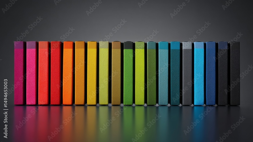 Poster a vibrant array of colorful books standing in a row on a dark reflective surface.