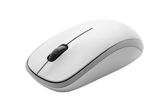 This isolated black wireless computer mouse is a common input device for PCs and other computer equipment, often used in office or business settings for scrolling and clicking on the internet