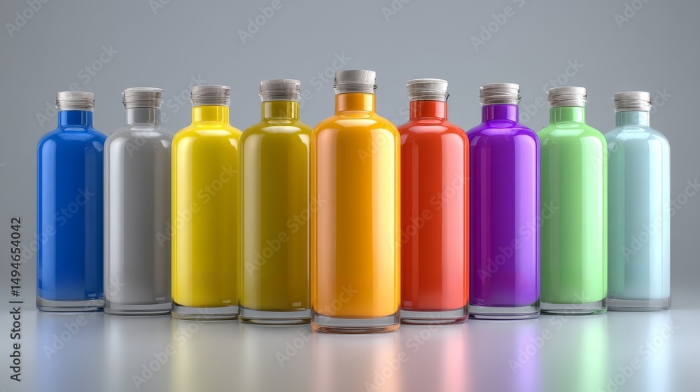 Poster a vibrant collection of colorful bottles arranged in a minimalist style.