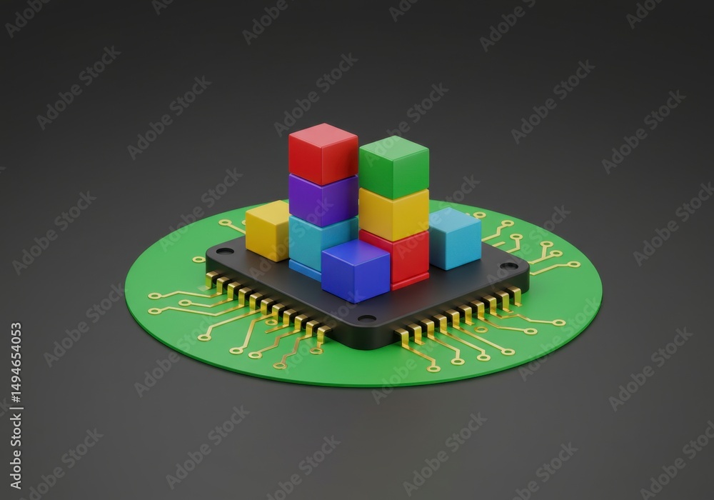 Poster data growth visualization with chip and colorful blocks on green circuit