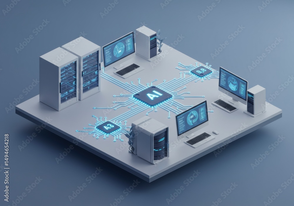 Poster data network showing ai processing with computer equipment
