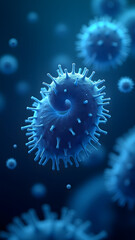 Spirillum bacterium with filamentous viruses in multidimensional microscopic space, showing depth and movement.