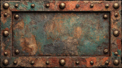 Rusty Industrial Metal Plate with Bolts and Multicolor Patina Surface Texture