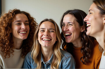 Fototapeta premium Group of women sitting together on a couch, smiling and laughing.