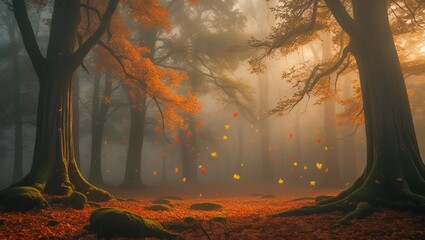 A serene foggy autumn day in a dense forest, with warm golden sunlight filtered through the mist, illuminating the vibrant orange, yellow, and crimson leaves that fall silently from towering trees, th