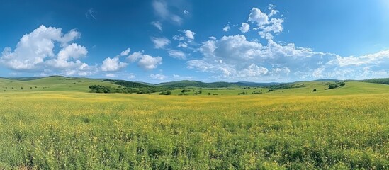 Obraz premium Yellow Flower Field Under Blue Sky