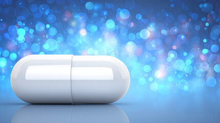 Sleek white capsule on minimalist blue background symbolizing pharmaceutical innovation for weight management, modern healthcare and medical treatment concept.
