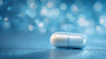Sleek white capsule on minimalist blue background symbolizing pharmaceutical innovation for weight management, modern healthcare and medical treatment concept.
