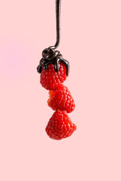Abstract raspberry levitating fruits with chocolate