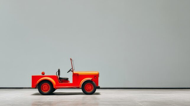 A vibrant red toy car sits against a minimalist gray background, showcasing playful design.