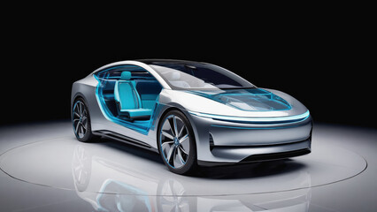 A futuristic, high-performance electric supercar on a dark background. The car features sleek aerodynamic curves, glowing LED accents, and illuminated wheels. The environment is minimal with a subtle 
