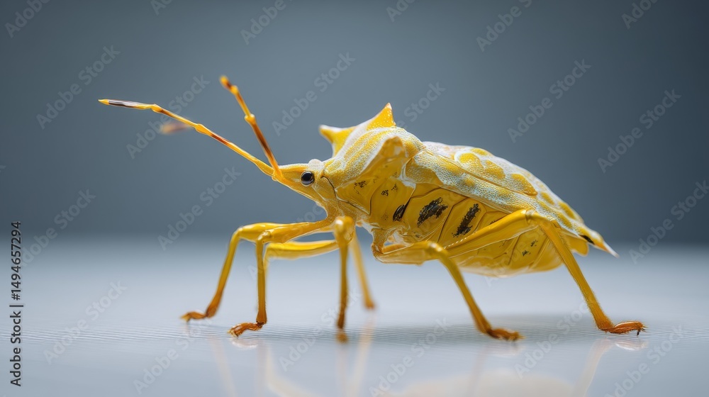 Poster a vibrant yellow insect displaying intricate details in a close-up view.
