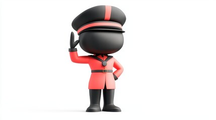 3D cartoon figure in a red uniform and hat saluting, standing on a white background.