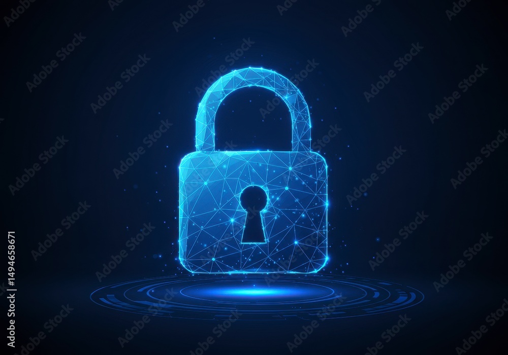 Poster digital lock graphic with glowing lines securing data