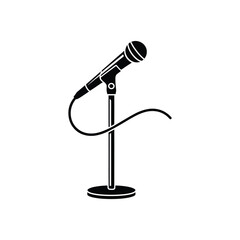 Black and White Illustration of a Microphone on a Stand with a Cable