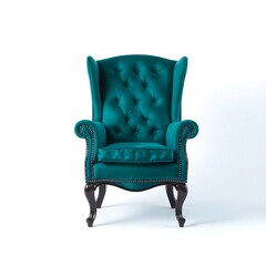 A golden royal sofa adorned with sapphire-colored fabric and ornamental tassels.
Sitting on a seamless white background, glowing with majestic charm