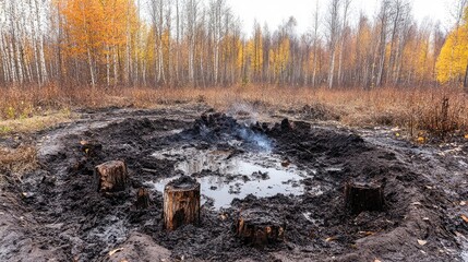 Burned tree stumps and smoldering ashes in a recently cleared forest area