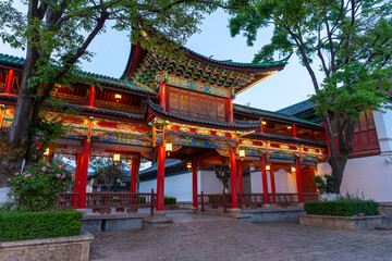 Beautiful image of Mufu Palace in Lijiang old town at evening light in Lijiang, China.