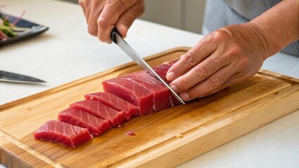 Slicing fresh tuna on a wooden board for culinary preparation.
