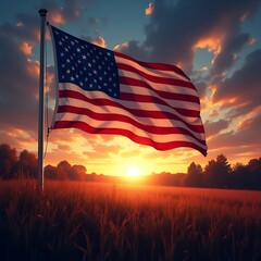 American flag at sunset