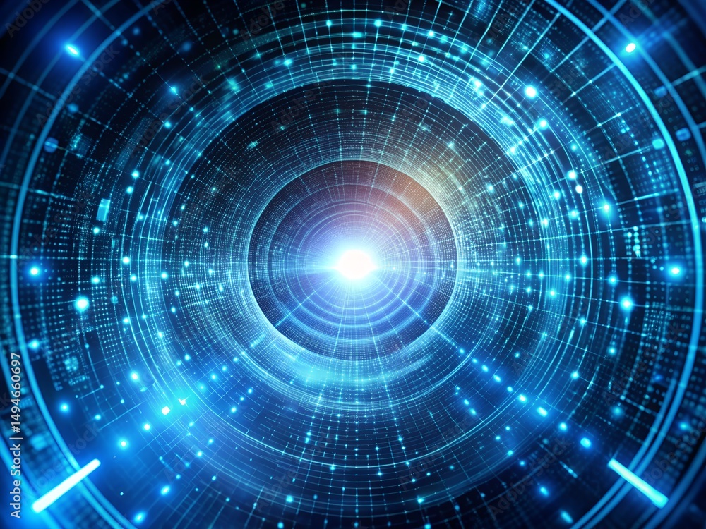 Wall mural digital data tunnel visualization in glowing blue light.