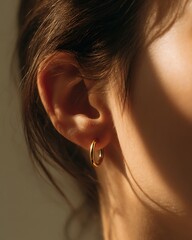 close-up ear with minimal gold hoop earring, soft light, tanned skin, pastel background, luxury fashion,