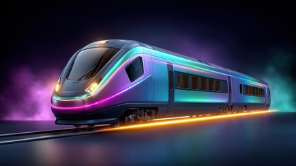 Naklejka premium A sleek bullet train with an iridescent shifting color body and transparent canopy cockpit, glowing with neon pink and green lines, racing through an outer space nebula, trailing orange, teal, and