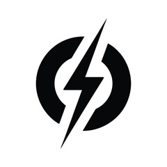 Black Lightning Bolt Symbol Intersecting a Circular Shape on White Background, Minimalist Style