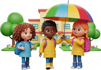 Happy Diverse Children Walking to School Together Under a Colorful Umbrella on a Rainy Day
