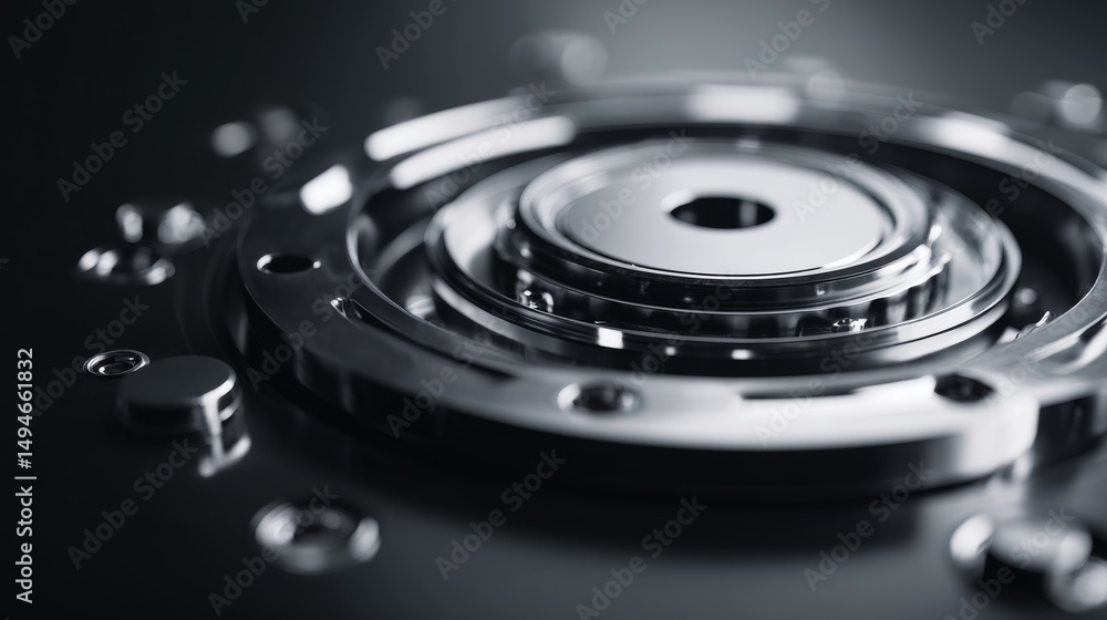 Poster close-up of a metallic mechanical component showcasing intricate design and detail.