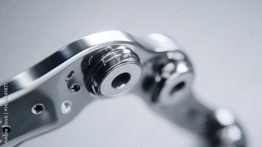 Poster close-up of a metallic mechanical part showcasing precision engineering details.