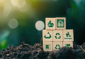 Sustainable Future EcoFriendly Symbols on Wooden Blocks in Soil