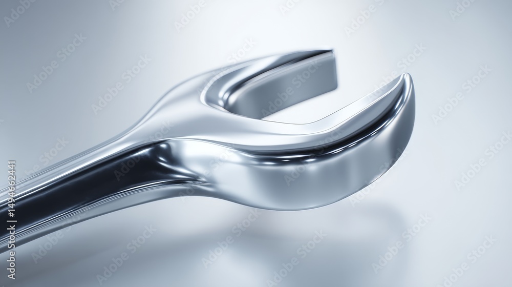 Poster close-up of a shiny metallic wrench showcasing craftsmanship and precision engineering.