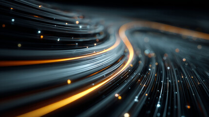 Futuristic Glowing Fiber Optic Cables with Blue and Orange Light Streaks in Motion