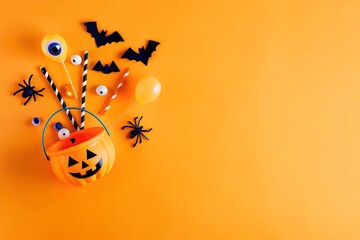 Festive Halloween Flat Lay with Pumpkin Bucket and Spooky Decor on Orange Background