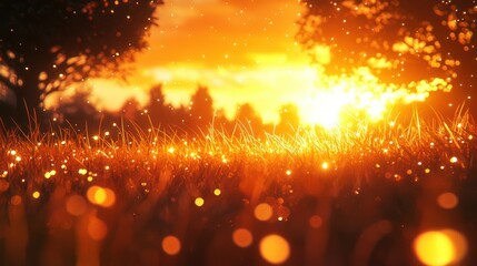 Sunburst meadow, golden hour, sparkling bokeh