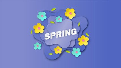 Spring text decoration with flower and leaves. Spring background. paper cut and craft style. vector, illustration.