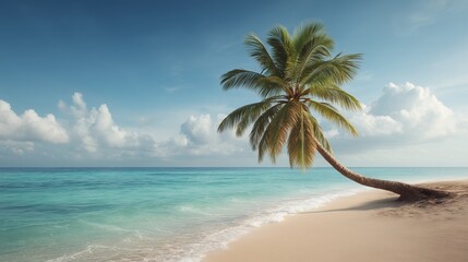 Obraz premium Relaxing beach scene with palm trees tropical shore nature view