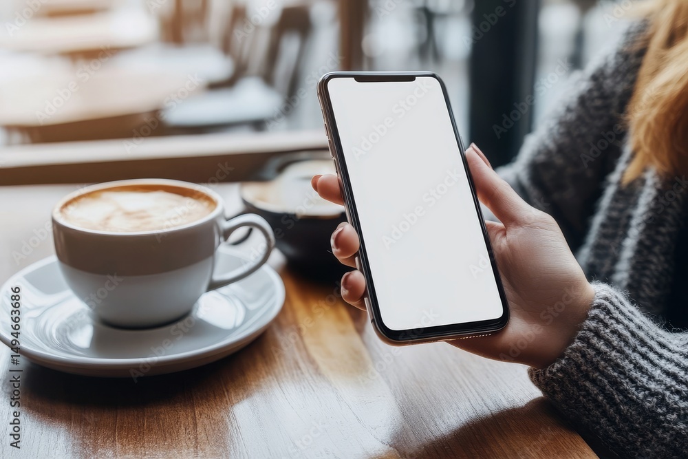 Poster image depicting a lovely lady gesturing towards a cellphone with an empty white display