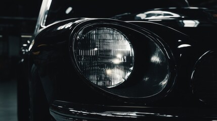 Close-up of a vintage car headlight highlighting classic design features.