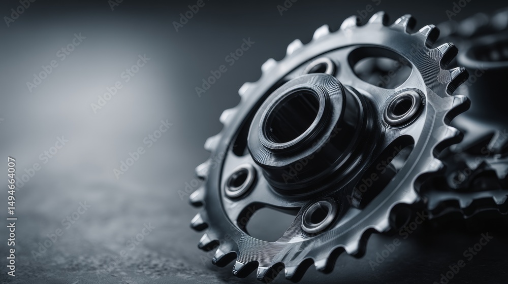 Poster close-up of black bicycle gears showcasing intricate design and precision engineering.