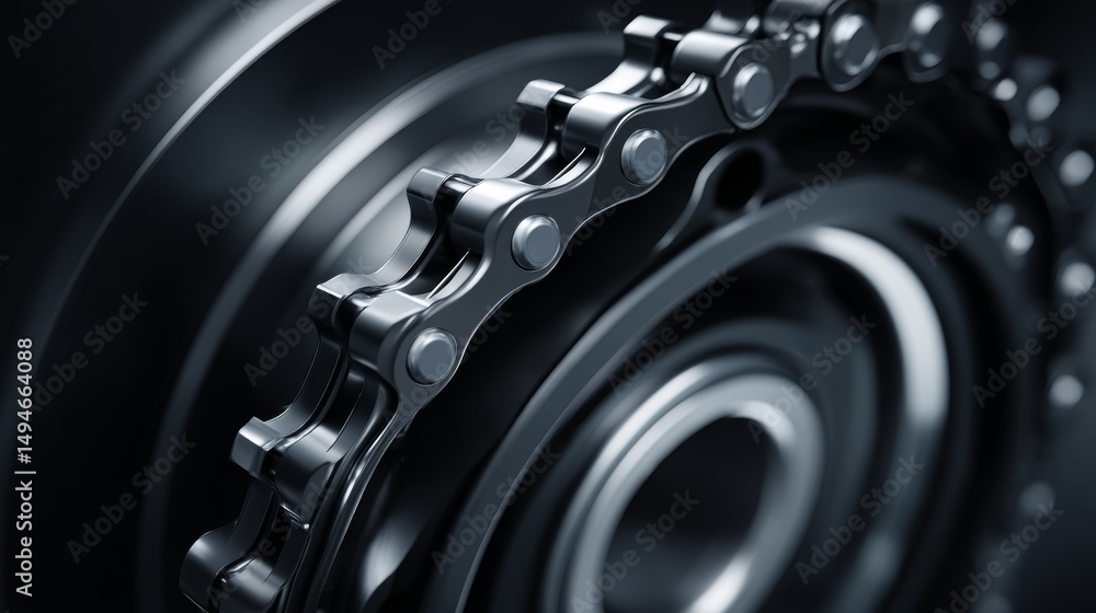 Poster close-up of mechanical chain links showcasing intricate details and engineering design.