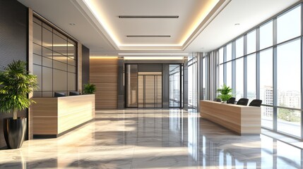 A modern office lobby with a glass wall, wooden furniture, and a large window.